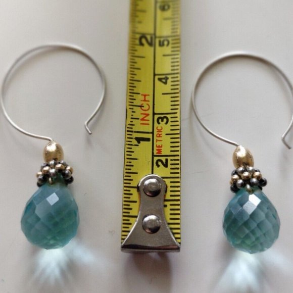 Teardrop Cut Aqua Glass Silver Hoop Dangle Earrings Approximately 2" tall - Picture 4 of 7
